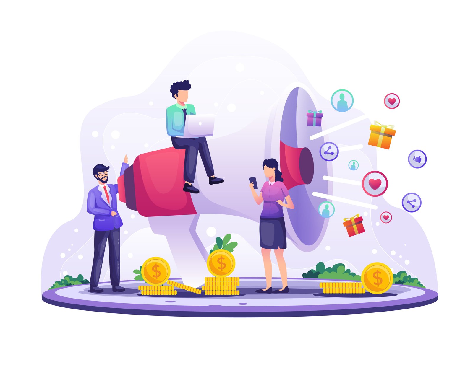 Marketing strategy concept, businessman shout on the giant megap